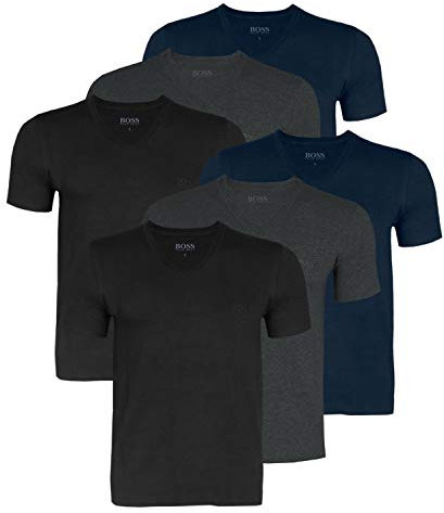 BOSS Hugo 50325389 - Camisetas para hombre (cuello en V, 6 unidades), 497 Negro Azul Marino Gris, XL