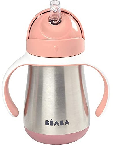 BÉABA - Trinklernbecher - 2 in 1 Babyflasche - Kindertasse mit Strohhalm - 100% dicht - Leicht zu öffnen - Abnehmbare Griffe -Tritan und Silikon - 250 ml - Rosa
