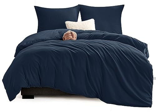 WAVVE - Biancheria da letto in morbida microfibra 110 g/m², con chiusura lampo, 3 pezzi, copripiumino da 155 x 220 cm e 2 federe da 80 x 80 cm, colore: blu scuro