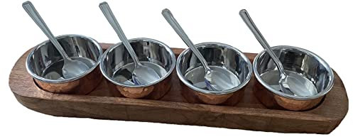Copper Chutney Tray Relish Condiment Serving Set 4 Pot Pickle Set 9 pcs Wood Base Set Restaurant Serving