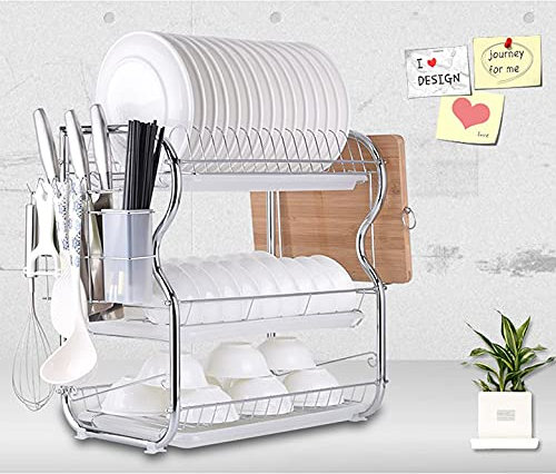 HUOLE Scolapiatti da Appoggio per Lavello Due Livelli in Acciaio Inossidabile Con Cestino Per Le Posate,Vassoio per il Gocciolamento (42 * 25 * 43,5 cm (portapiatti appiccicoso + tubo per bacchette))