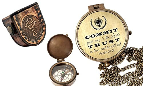 Brass Nautical - Kompass aus Messing mit Gravur Commit Your Way to The Lord, mit inspirierendem Schriftvers, Geschenk zur Taufe, Konfirmation, Kommunion (Psalm 37:3)