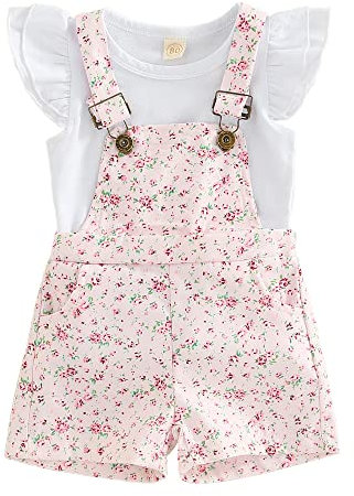 ZZLBUF Toddler Baby Girl Summer Overall Outfit Ruffle Sleeve Tops T-Shirt + Floral Suspender Shorts Pockets Clothes Set (Floral Pink, 2-3 Years)