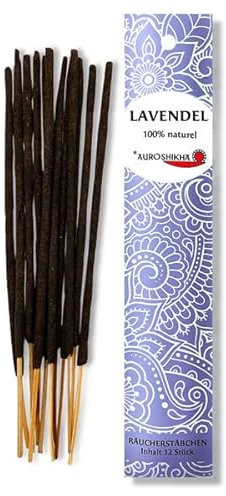 Lavendel AUROSHIKHA Indische Räucherstäbchen 100% natürlich ohne Chemie aus hochwertigen Ölen und Holz-Pulver Traditionelles Indisches Räucherwerk für Meditation, Raumreinigung, Entspannung