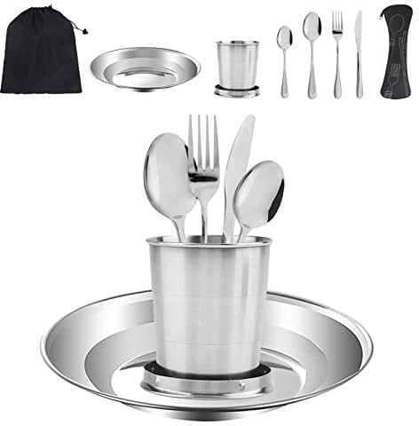 6 in 1 Camping Cutlery Set, Stainless Steel Utensils Set with Portable Pouch, Plate Cup Spoon Fork Knife Tableware Kit for Outdoor Hiking and Picnic and Indoor Use