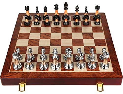 MDRBB Schachspiel Tragbar Holz Metallschach Set mit Massivholz Faltschachbrett und Nachahmung Jade Schachfiguren Schach Premium Geschenkbox Set Schachspiel für Erwachsene (Color : Chess Set)