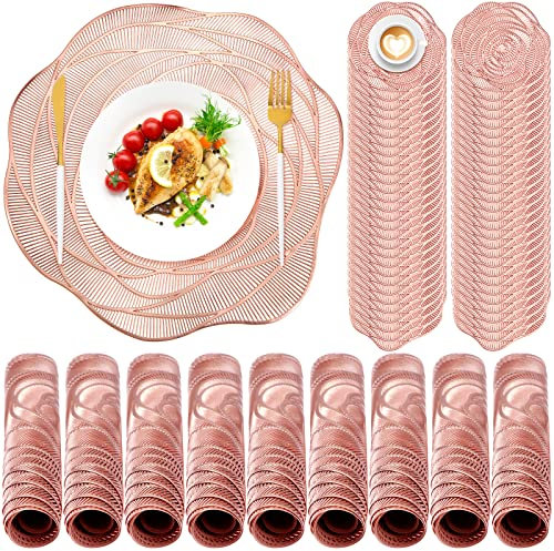 Sieral 48 Set 15 Inch Round Pressed Vinyl Placemats Hollow Out Rose Placemat Set Metallic Slip Resistant Place Mat Coaster Including Place Mats and Coasters for Dining Kitchen (Rose Gold)
