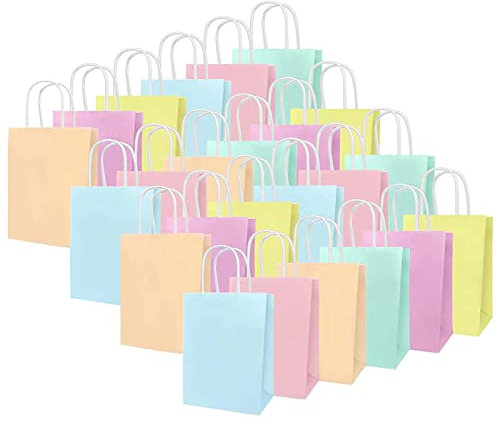 24 Stück Papiertüten Bunt mit Henkel, Papiertüten für Partys und Geschenke mit Griffen, Geschenktüten, Kraftpapier Tüten fur Kindergeburtstag(12x6x15cm)