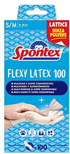 Spontex Latex Flexy Einweghandschuhe 100 Stück, Größe S/M, Weiß