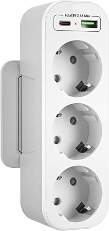 Presa Multipla Salvaspazio con USB C,Adattatore Presa Tripla Salvaspazio 3 Prese Schuko Tedesco,Presa USB Multipla 2 USB Adattore, Multipresa da Parete Spina Tedesca,Ciabatta Elettrica a Muro,Bianco