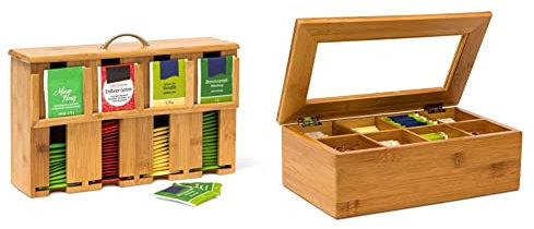 Relaxdays Teebeutelspender aus Bambus, 22 x 33 x 10 cm, natur & Teebox aus Bambus H x B x T: ca. 9 x 28 x 16 cm Teekasten mit 8 Fächern Teebeutelbox aus Holz mit Deckel samt Sichtluke Teekiste, natur