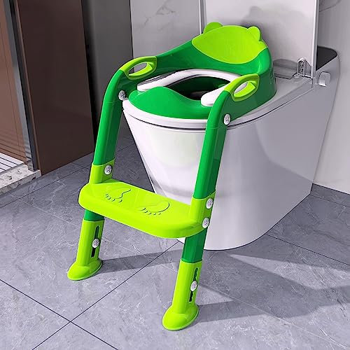 Vasino per WC con scaletta per bambini e bambine, robusta scala per vasino con morbido cuscino imbottito, per bambini (verde Shrek)