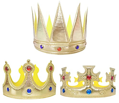 VIKSAUN 3 Stück König Krone Gold Königskrone Königinnen, Krone mit Strass, Royal Crown, Tiara Kostüm Zubehör, DIY Party Goldfolie Krone Hut für Junge Mädchen Prinzessin Geburtstagsfeier (3 Stück)