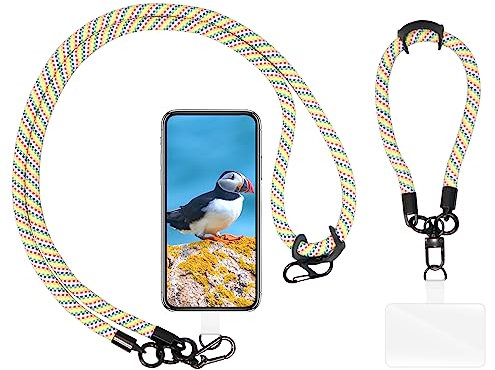 AHABIPERS Handykette Universal, Nylon Handy Kette + am Handgelenk Handy Umhängeband Kompatibel mit Meisten Smartphones, TPU Handy-Patch mit Metallring - ohne Hülle - Regenbogen