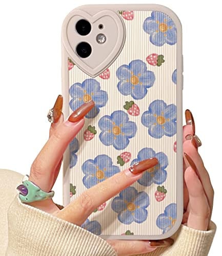 NITITOP Compatible for iPhone 11 Case Cute Flower for Girls Women Floral with Love Lens Bumper Protector Soft TPU Shockproof Protective Girly - Blue Flower