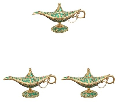 3 Set of Beautiful Aladdin Genie Lamp Fairy Tale Tea Pot for Halloween Party Gift Green, Verde (21x7x11 cm), 21X7X11 cm