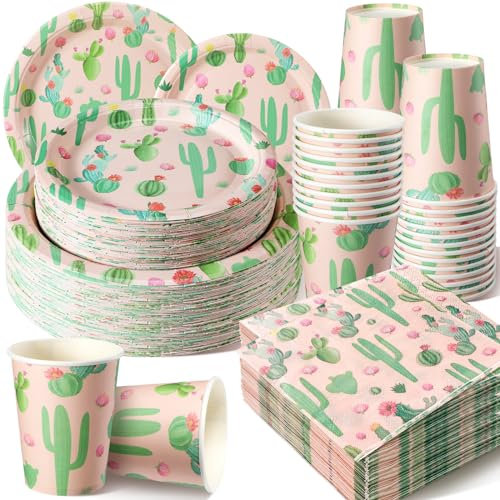 Hsei Kaktus-Party-Dekoration, Fiesta-Teller und Servietten, Kaktus-Geburtstagsparty-Zubehör, Sukkulenten, Einwegteller, Servietten und Becher für Brautparty, Babyparty, Geburtstag, Partyzubehör, 250