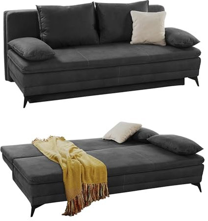 Hochwertiges Dauerschlafsofa 202 cm breit, integrierter Kaltschaum-Topper, Wellenfederung, Bettkasten, Schlaffunktion Liegefläche 158x199 cm, Microfaser in Dunkel-Grau Anthrazit / 15159