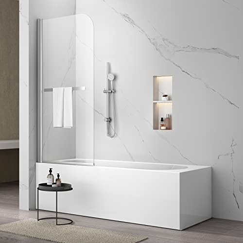 Sunrosa Pivot Tub Duschtür, 86,4 x 147,7 cm, faltbare Badewannen-Duschtür mit gehärtetem Glas, rahmenlose Glas-Duschtür mit Handtuchstange, Duschtür für Badewanne in Chrom