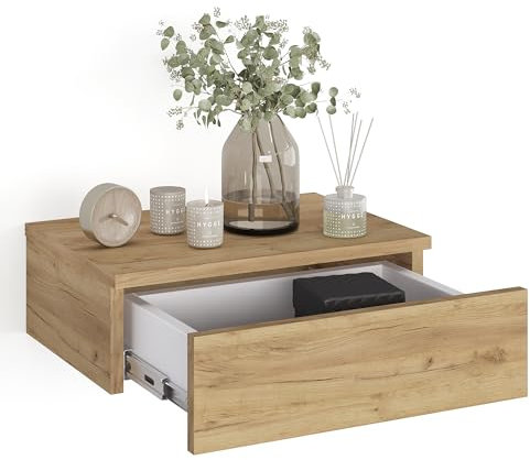KOMTO Wandregal mit Schublade Honing Eiche - Nachttisch Hängend Nachttisch Wandmontage Wandschublade Nachtschrank Hängend | Monaco 46 x 30 x 15 cm