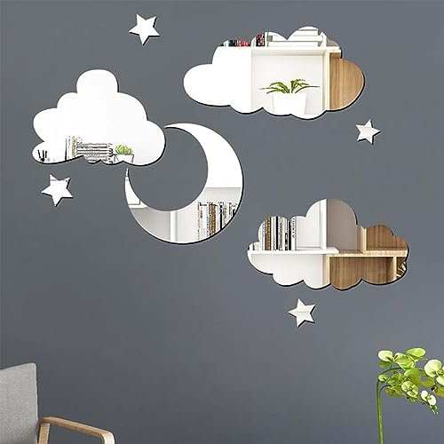 3D Wolken Spiegel Wandaufkleber Selbstklebend Acryl Deko Spiegel Aufkleber DIY Wolken Mond Stern Spiegelaufkleber Wanddekor für Kinderzimmer, Wohnzimmer,Schlafzimmer