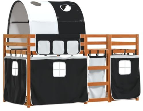 vidaXL Etagenbett, Kinderbett mit Vorhängen Leiter, Hochbett Spielbett für Kinder ab 6 Jahren, Doppel Stockbett Bett, Weiß Schwarz 90x190cm Massivholz Kiefer
