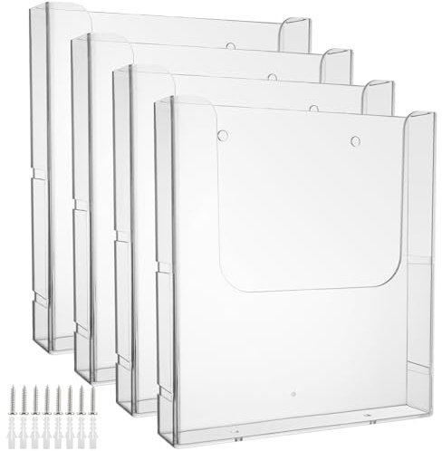 VIDETOL 4 Pack A4 Wall Mounted Document Holder, Clear A4 Portrait Wall Mountable Menu Leaflet Holder, Acrylic Walls Mounted Magazine Racks for Restaurant Menu Office Files Magazine, 25x22.5x4.7cm