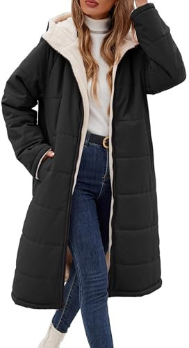 Vancavoo Women's Coats Long Winter Jackets Fleece Puffer Coat Warm Fleece Lined Thick Overcoat Full Zip Hooded Reversible Outerwear(Black,M)