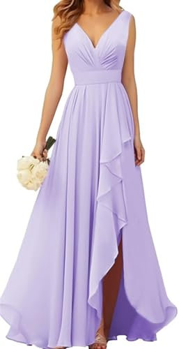 KURFACE Vestido de dama de honor largo de gasa con cuello en V para mujer, con abertura, fruncido, acampanado, vestido formal, Lila, 48