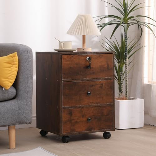 Mobile Lockable File Storage Cabinet with 3 Drawers on Wheels Under Desk Wood Beside Cabinet Pedestal for Unit Document Home Office Printer Stand Filing Side Drawers Nightstand on Caster (espresso)
