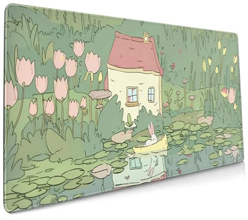 Joli tapis de souris rose vert XXL 90 x 40 cm - Motif esthétique Kawaii - Grand tapis de souris de jeu - Base en caoutchouc antidérapante - Bords cousus pour la maison et le bureau