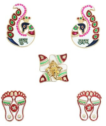 SWACRAFT Peacock Diwali Shubh Labh with Laxmi Charan Paduka Feet Pagala Diwali Door Rangoli Floor Decorations Table Decoration Studded Stones Sequins Traditional Festive Home Door Floor Décor