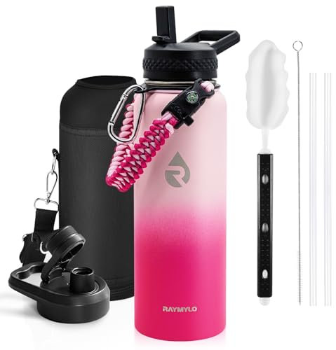 RAYMYLO Insulated Water Bottle 40 oz, Triple Wall Vacuum Stainless Steel (Cold for 48 Hrs), Leak Proof & Non-BPA, Modern Water Flask Jug with Paracord Handle & Straw Spout Lids, Ombre Pink