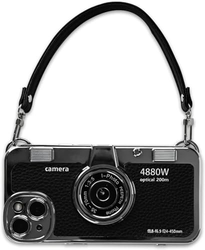 Mscomft Classic Emily in Paris Phone Case,2023 New Vintage Camera Design Case That Looks Like a Camera,for iPhone 14 Camera Phone Leather Bracelet Sling Cover case (Black, for iPhone 16 pro max)