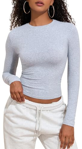 PrettyGuide Women's Cotton Jersey Long Sleeve Shirts Tight Fit Crewneck Crop Tops Basic Fall Going Out Y2K Tops