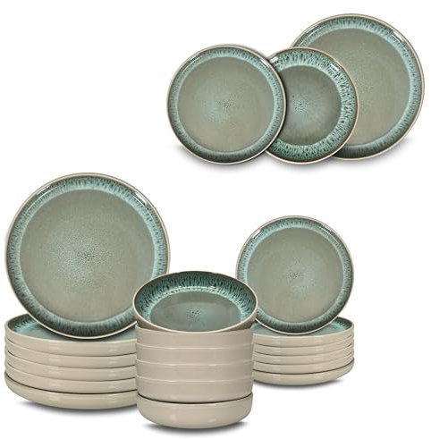 ARCA, Set 18 Piatti Coordinati Reactive Smeraldo in Ceramica Decorata, Servizio per 6 Persone, con Piatti Moderni Fondi, Piani e da Dessert
