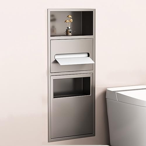ANFUZUN.RONG Edelstahl Duschregal mit integriertem Toilettenpapierhalter und Mülleimer, Modernes Wandregal für Badezimmer, Küche, Wohnzimmer, Hotel, Wohnbereich