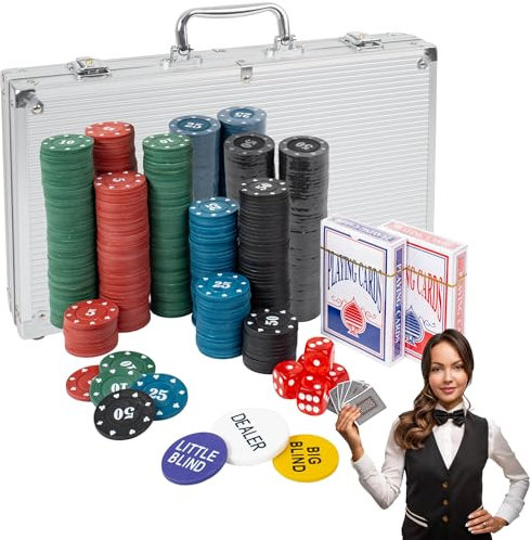H&F Heimtextilien Poker Set – 500 Chips für Kartenspiele, 2 Kartendecks, Würfel, Dealer-Button, Aluminium-Koffer – Umfangreiches Poker Spielset für Einsteiger und Fortgeschrittene