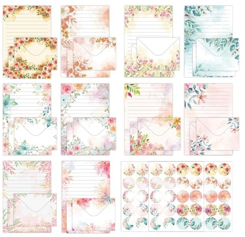 160 Stück Blumen Briefpapier mit Umschlag Set, 50 A5 Liniert und 50 Briefumschläge, Aquarell Edel Kinder Mädchen Florales Dekoratives Schreibpapier mit 60 Sticker für Hochzeitseinladungen(10 Farben)