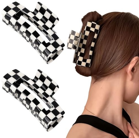Karierte Haarspange, 2 Stück karierte Krallen-Haarspange – schwarz-weiße rechteckige, quadratische Clips, Bananenspangen für dickes, dünnes Haar, Backenklammern, Haar-Accessoires