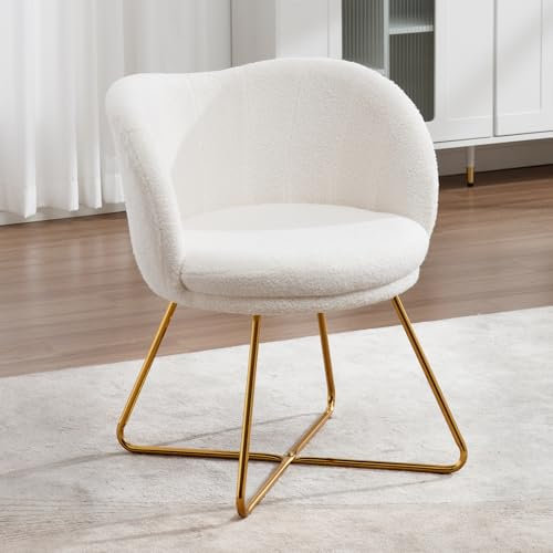 Ya-Home Fauteuils de Salon Rembourrés en Fausse Fourrure Chaise Coiffeuse Jolie Fauteuil avec Pieds en Métal Doré Fauteuils pour Chambre Confortable, Blanc