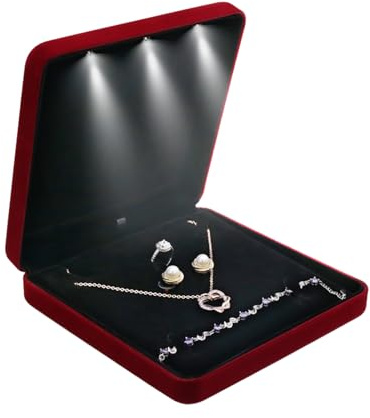 Shengxi Samt Groß Halsketten Box, Led Licht Schmuckschatulle Samt Schmuckschatulle Geschenkboxen Set Schmuckdisplay mit LED für Frauen Schmuck Halskette Ohrring Ring Hochzeit Schmuck (Weinrot)
