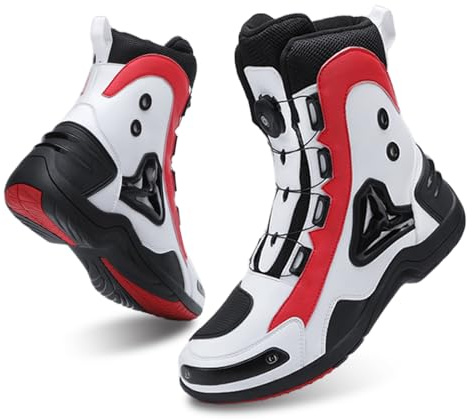 FHQGZT Chaussures de Moto pour Homme et Femme, Bottes de Moto Motard en Cuir Respirant avec Maintien de la Cheville, Semelles antidérapantes hydrofuges (White,42)