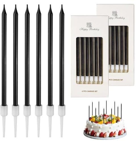 12 Stück Geburtstagskerzen Kuchen Schwarz, Dünn und Lang, Geruchsfrei, Ungiftig, Mit Ständer, für Dekorative Geburtstag Hochzeit Party, Geburtstagskerzen für Torte(Schwarz)