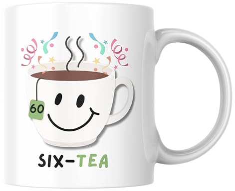 Cheeky Chops Six-Tea 60th Birthday Mug, for Sixtieth, Funny Tea Lover Cup, Friend, Ceramic CMUG687