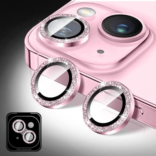 Kucheed Glitzer Kameraschutz für iPhone 13/13 Mini, Gehärtetes Glas Kameraobjektivschutz, Kamera Abdeckungsfolie Aufkleber, Automatische Ausrichtung Individuelle Metallringe