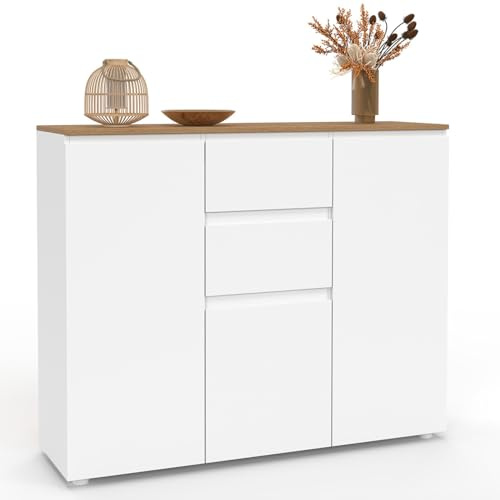 IDMarket - Sideboard 100 cm Toby 3 Türen 2 Schubladen weiß und Holzplatte