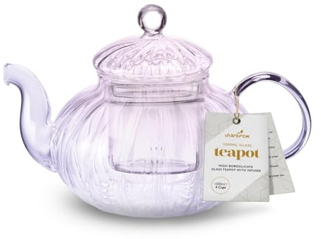 Charbrew 1000ml Borosilicate Glass Teapot with Infuser - Ribbed Design - for Loose Leaf Tea, Teabags & Blooming Tea - Serves 5 Cups (Blue & Pink)