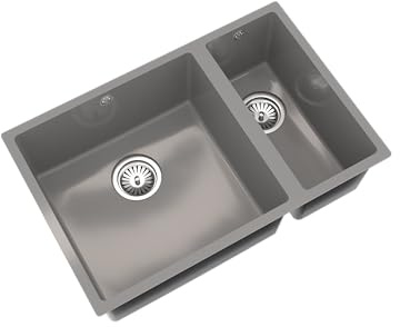 Flode Comite 1.5 Bowl Undermount Kitchen Sink 670 x 440 x 200mm – Gloss Grey – Composite Double Bowl Basin – Chrome Basket Wastes Included – 600mm Cabinet