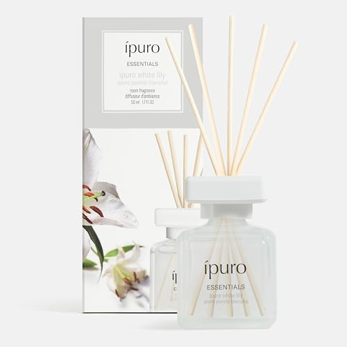ipuro Essentials WHITE LILY Raumduft mit Stäbchen 50 ml - Raumerfrischer mit Pfirsich, Maiglöckchen, Jasmin, Nelke, weißem Moschus & Zedernholz Duft Aroma - Diffuser mit Stäbchen - Lufterfrischer